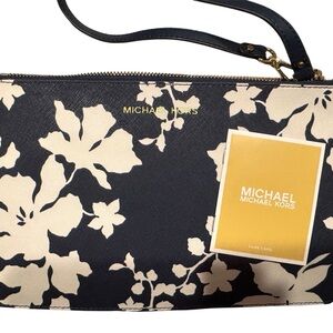 Michael Kors Black and Navy Floral Zippered Clutch; New